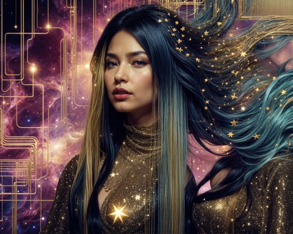 Ethereal figure with flowing blue hair in cosmic scene