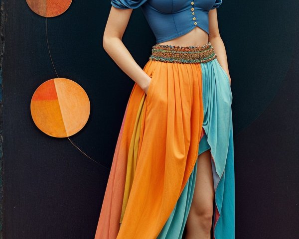 Confident Model in Vibrant Outfit with Artistic Backdrop
