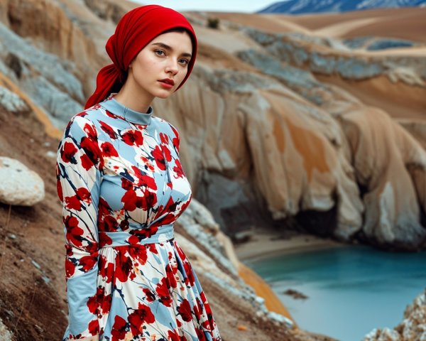 Young woman in floral dress by rocky cliffs and water