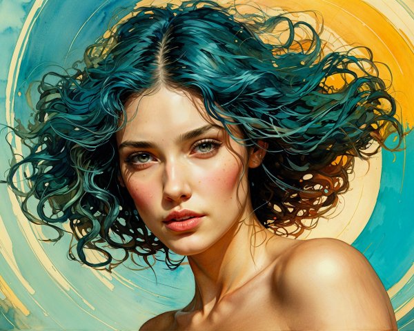 Young woman with teal hair and green eyes in abstract art