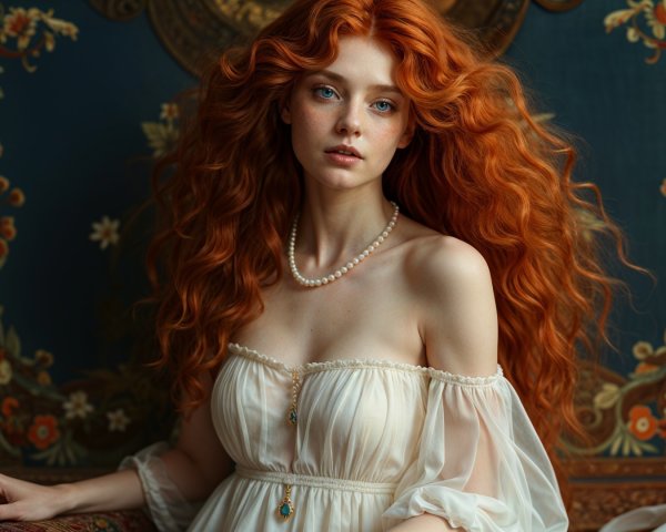 Young woman with red hair in elegant white dress