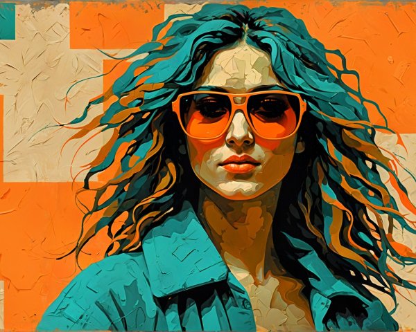 Vibrant Image of Woman in Teal Jacket and Orange Sunglasses