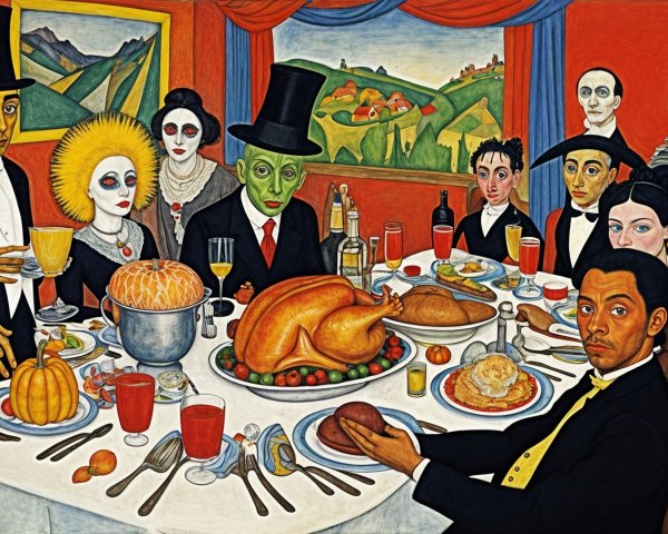 Surreal Dinner Scene with Diverse Figures and Turkey Centerpiece