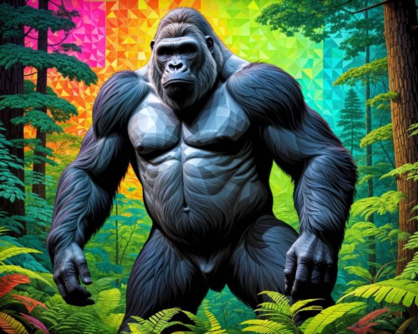 Geometric Gorilla Surrounded by Colorful Jungle Foliage