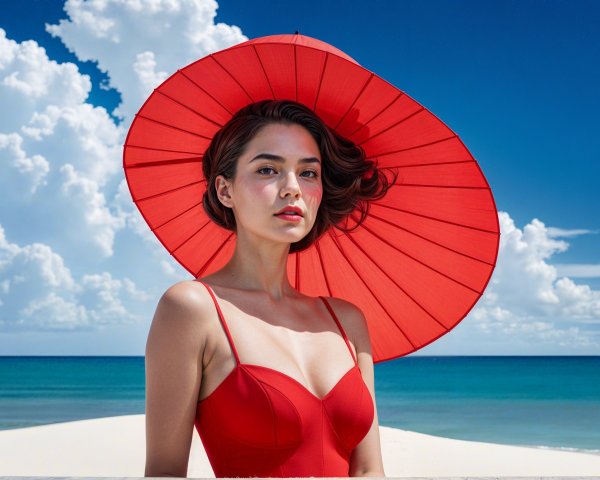 Woman in red swimsuit at a beach with turquoise ocean