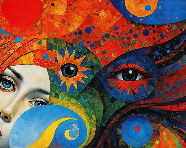 Vibrant Abstract Artwork with Serene Woman's Face