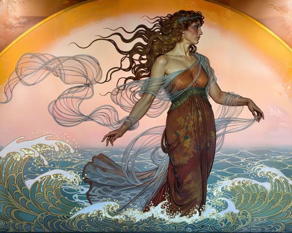 Art Nouveau Elegance: Woman in Flowing Dress by Ocean