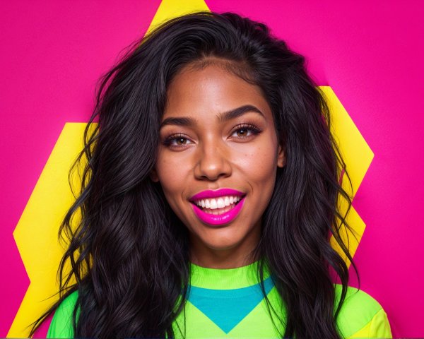Vibrant Portrait of a Smiling Woman with Colorful Backdrop