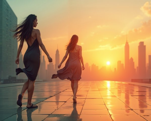 Women in Dark Dresses Silhouetted at Sunset