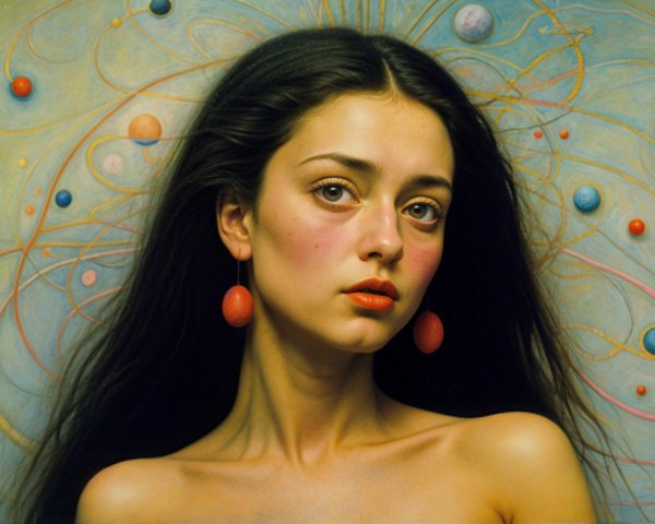 Young woman with dark hair in a cosmic backdrop