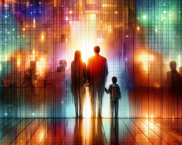 Family Facing Multicolored Lights in Full Shot