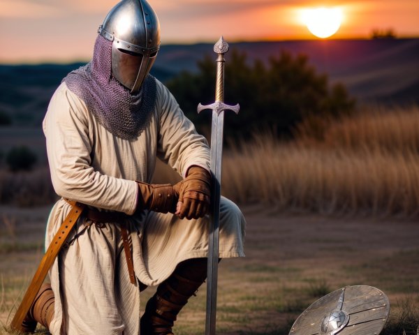 Medieval Knight in Sandy Landscape at Sunset