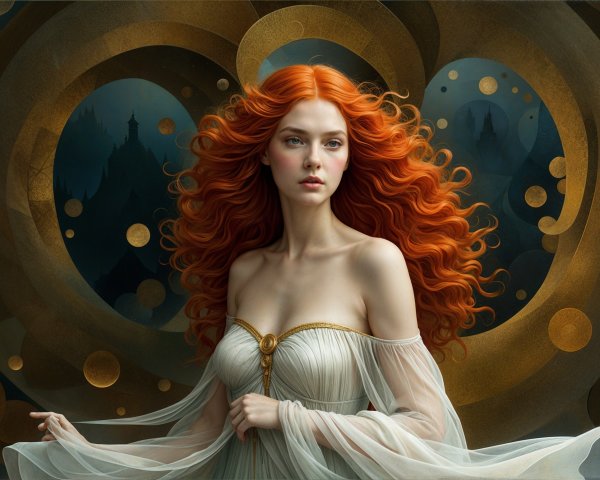 Serene figure with red hair in ethereal landscape