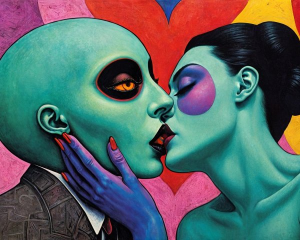 Surreal Artwork of Two Figures Sharing a Kiss