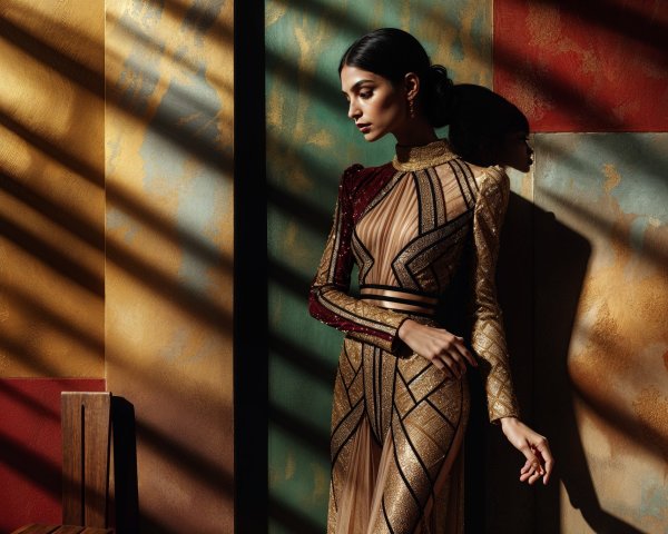 Elegant model in textured gown with dramatic lighting