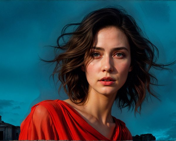 Woman in Red Top Against Blue Sky and Ancient Ruins