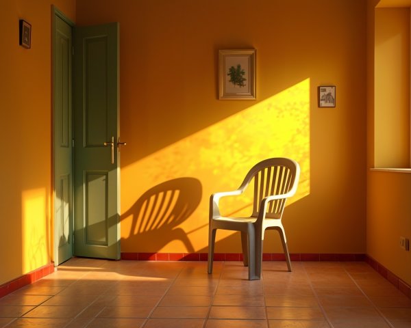 Sunlit Room with White Chair and Orange Wall Decor