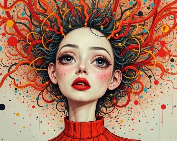 Young woman with vibrant red-orange curls and expressive features
