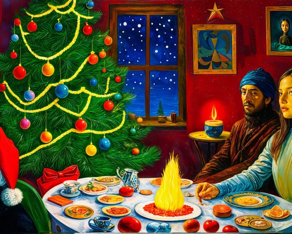 Surreal Christmas Dinner Scene with Vibrant Colors