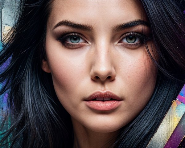 Close-up of a young woman with dark hair and green eyes