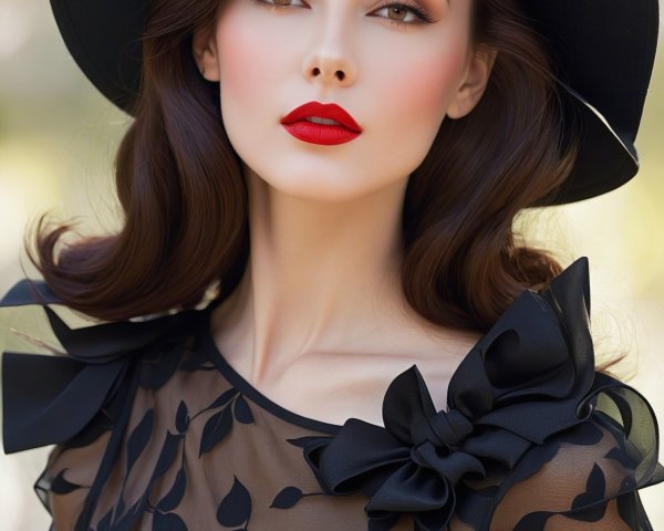 Elegant Woman in Sheer Floral Top and Wide-Brimmed Hat