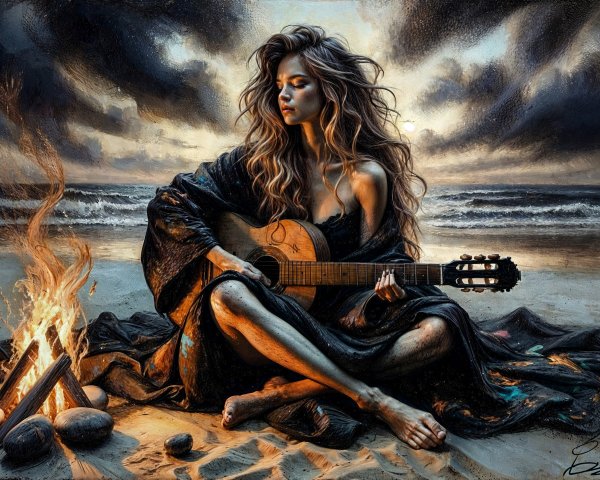 Woman by Campfire Playing Guitar on Beach at Dusk