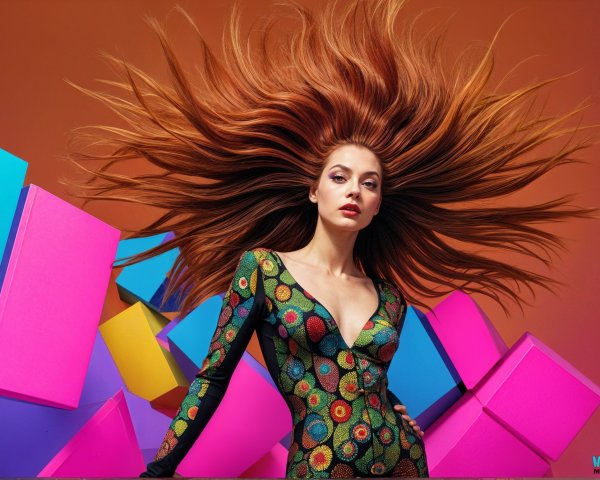Vibrant Hairstyle and Colorful Bodysuit on Bold Backdrop