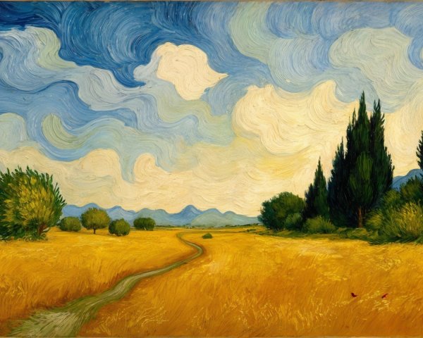 Vibrant Landscape with Golden Fields and Cypress Trees
