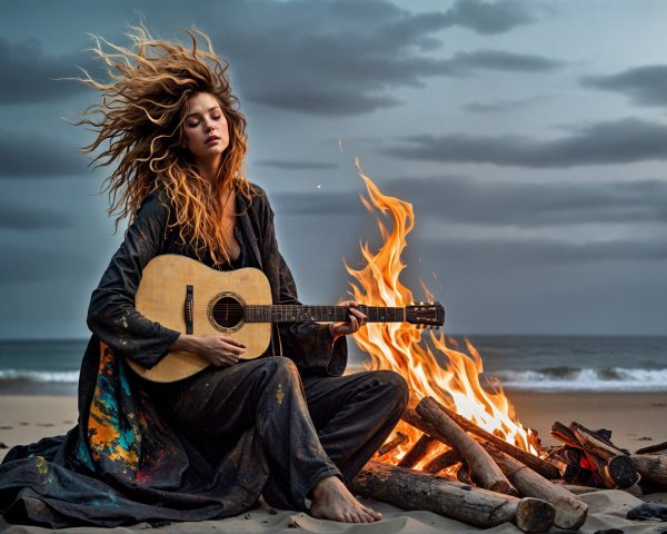 Woman by Campfire Playing Guitar on Beach at Dusk