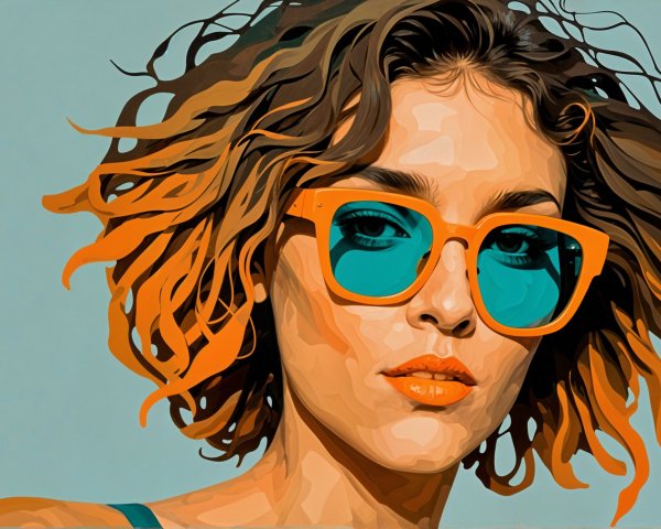 Stylized portrait of a woman with vibrant hair and sunglasses