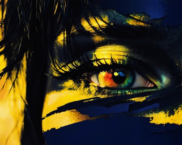 Close-up of a colorful eye with dramatic makeup