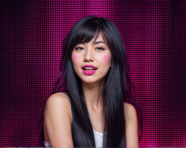 Woman with Black Hair Against Pink LED Background