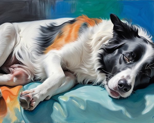 Relaxed Dog on Colorful Blanket with Abstract Background