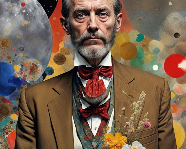 Older Man in Suit with Flowers Against Cosmic Backdrop