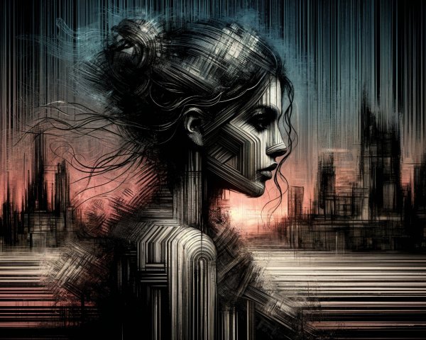 Stylized Silhouette of Woman in Abstract Cityscape