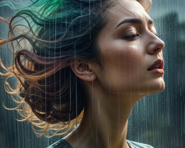 Woman in the rain with vibrant hair highlights