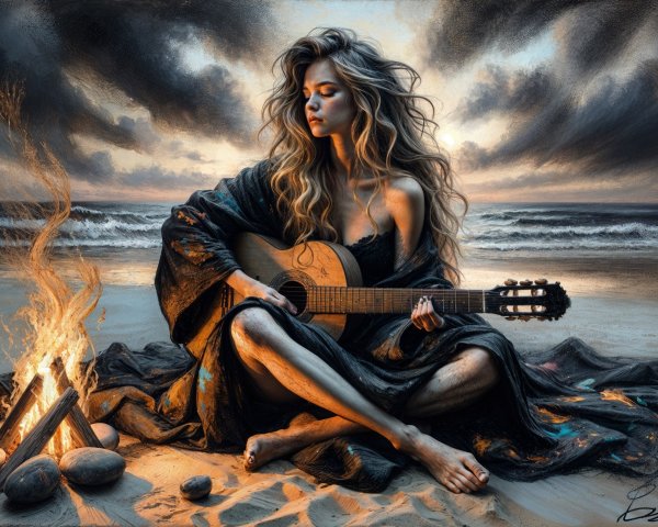 Young Woman Playing Guitar by Twilight Beach Campfire