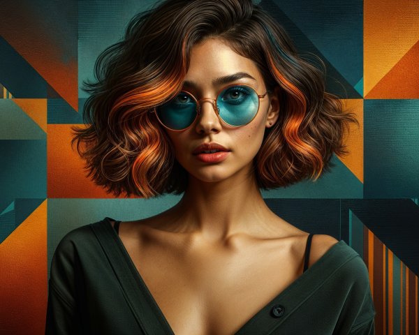 Young woman with wavy bob and vibrant geometric background