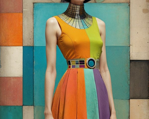 Fashion Model in Colorful Striped Dress Against Geometric Background