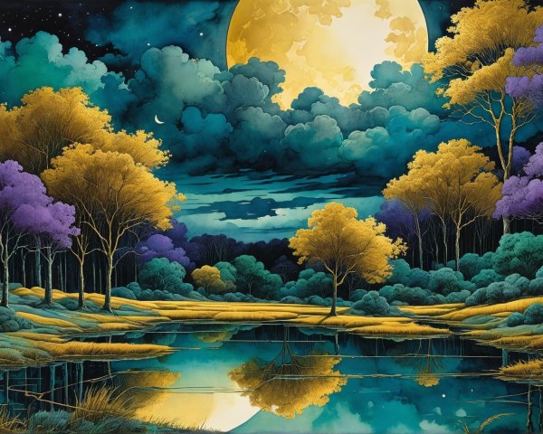Moonlit Landscape with Colorful Trees and Pond