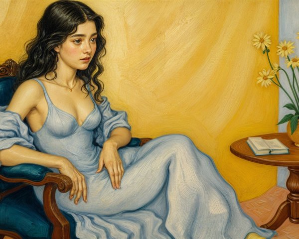 Young woman in blue dress seated by daisies and book