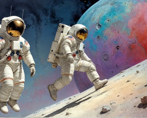 Astronauts Exploring Colorful Alien Landscape with Planet
