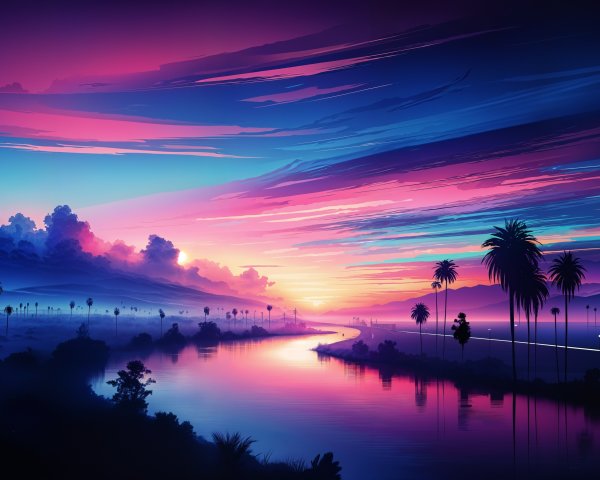 Twilight Landscape with Serene River and Silhouetted Trees