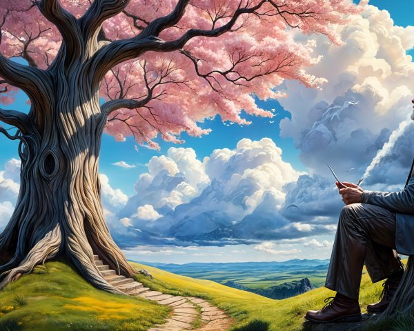 Man with a hat under cherry blossom tree on hill