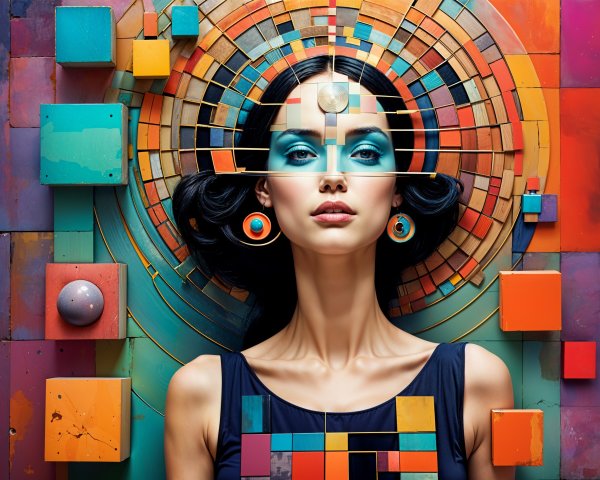 Portrait of a Woman with Geometric Colorful Backdrop