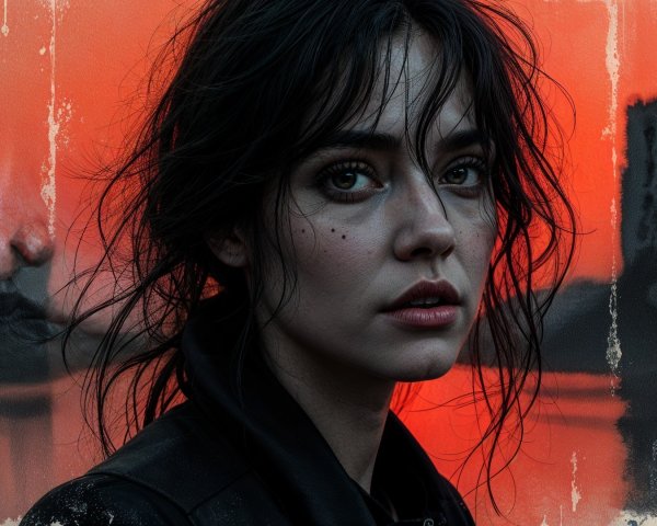 Portrait of a Young Woman Against an Orange Sunset