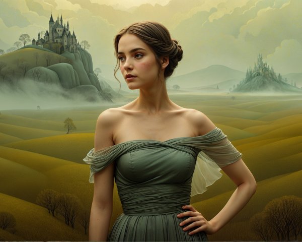 Young Woman in Green Gown Against Mystical Landscape