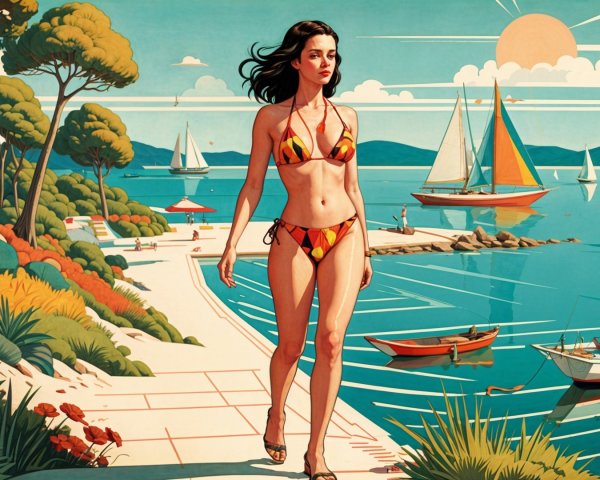 Colorful Bikini Woman on Serene Beach at Sunset