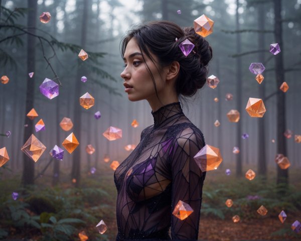 Woman in a Misty Forest with Floating Crystals