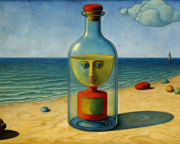 Surreal Beach Scene with Glass Bottle and Vibrant Objects